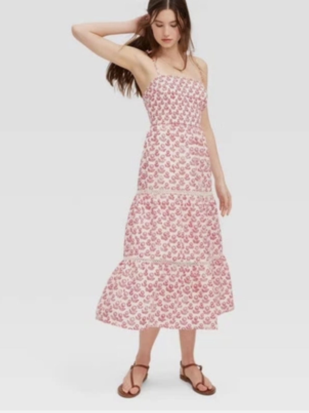 Roller Rabbit Pink Floral Smocked Tiered Midi Dress
